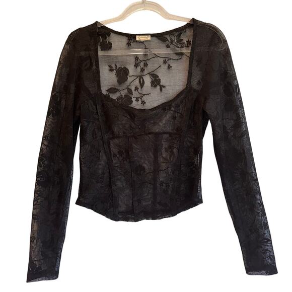 Free People Intimately Black Sheer Floral Lace Long Sleeve Mesh Top Large boho - Picture 2 of 6